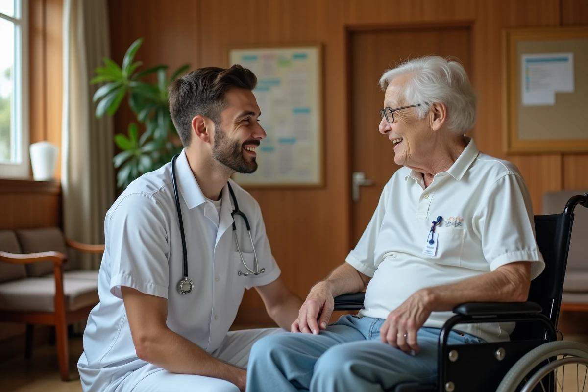 Aide-soignant aidant un résident en fauteuil dans une salle chaleureuse