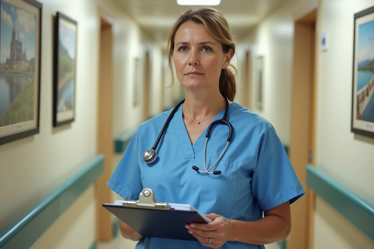 Aide-soignante en blouse bleue dans un couloir d'ehpad