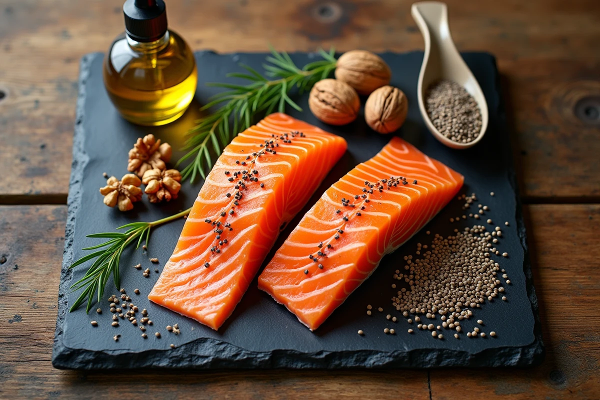 Aliments riches en oméga 3 6 9 disposés sur une ardoise : saumon, noix, huile de lin et graines de chia