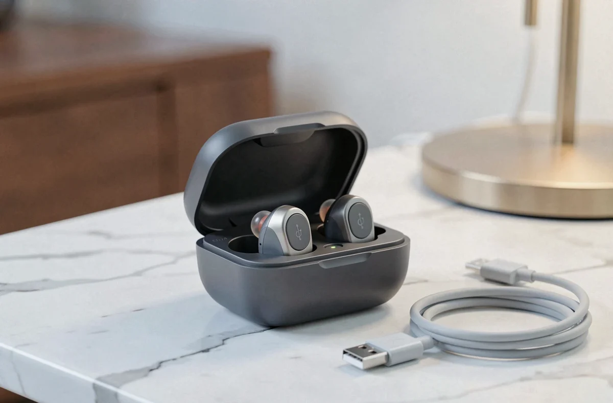 Appareils auditifs rechargeables Audika dans leur boîtier de charge sur une surface en marbre blanc