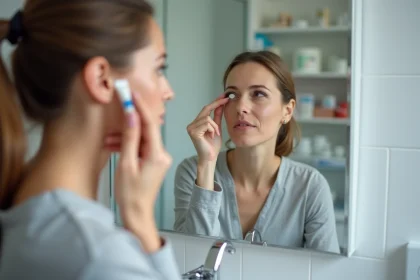 Femme appliquant une pommade ophtalmique en tirant légèrement la paupière inférieure devant un miroir de salle de bain