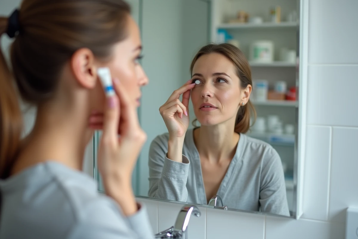 Femme appliquant une pommade ophtalmique en tirant légèrement la paupière inférieure devant un miroir de salle de bain