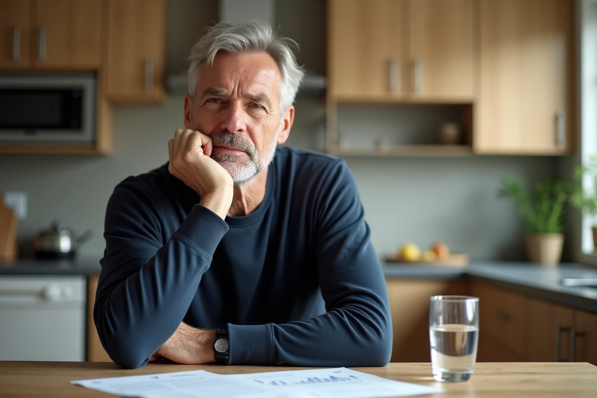 Homme fatigué à la maison consultant un bilan hépatique avec gamma GT élevé sur la table de sa cuisine