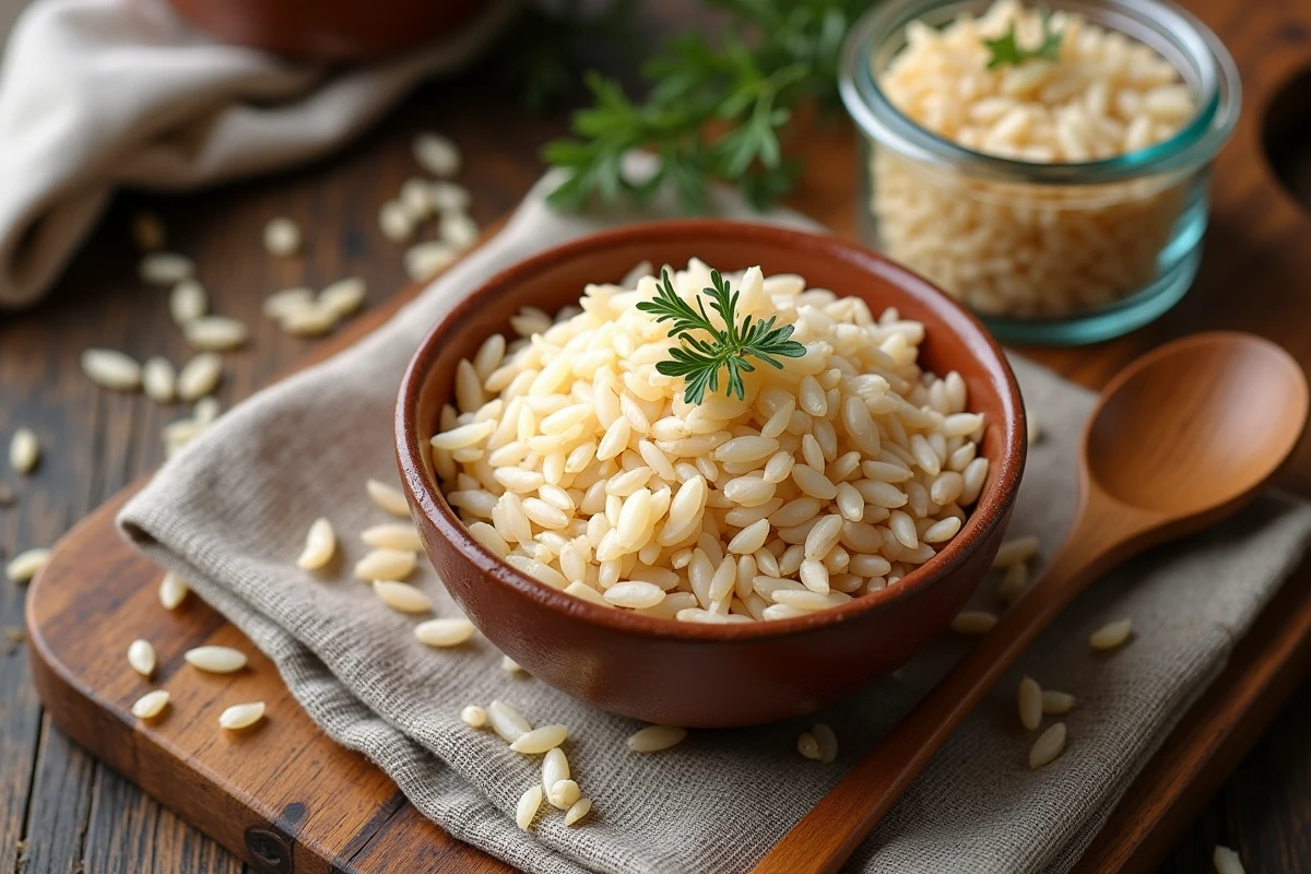 Vue de dessus d'un bol de riz complet cru sur une planche en bois avec des épices naturelles
