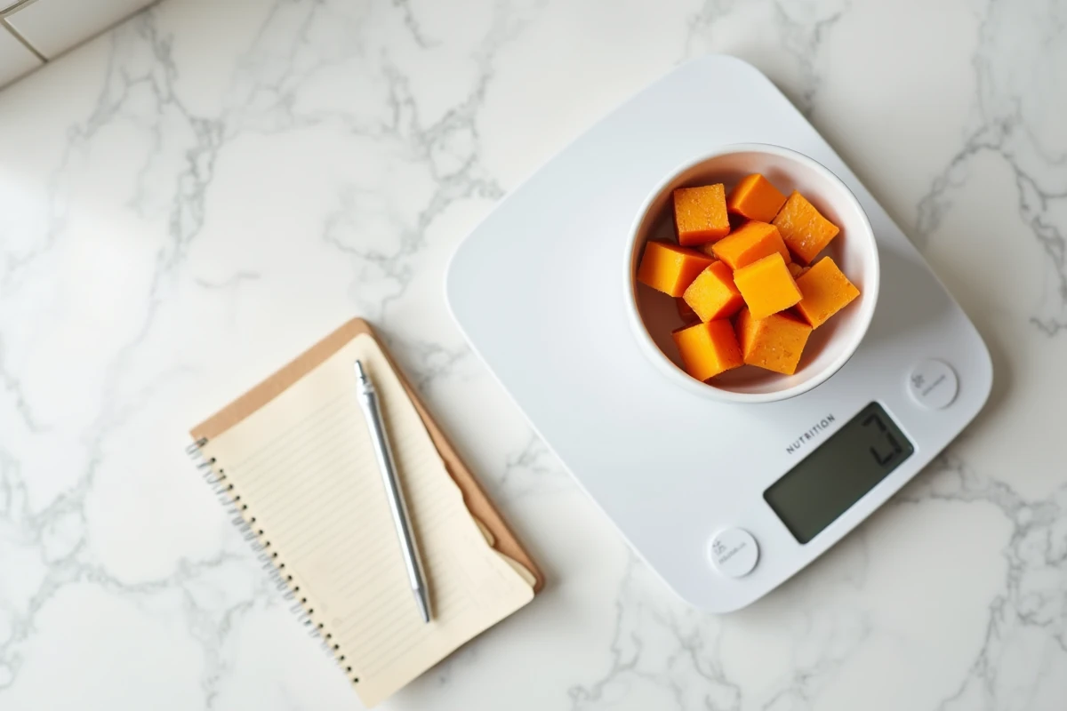 Bol de courge butternut rôtie posé sur une balance de cuisine avec un carnet de calories, pour illustrer le comptage calorique