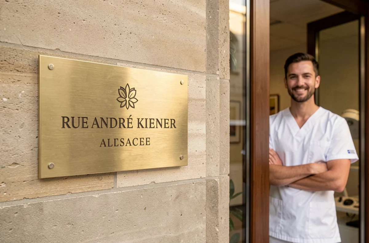 Plaque et entrée du cabinet dentaire Rue André Kiener avec un assistant en blouse blanche visible derrière la porte