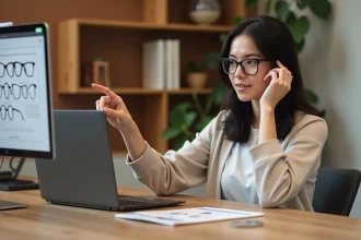 Femme utilisant une calculette d'épaisseur de verres de lunettes sur un ordinateur portable dans un bureau moderne