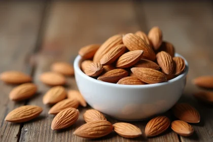 Bol de céramique blanche rempli d'amandes crues entières sur une table en bois, vue rapprochée montrant la texture naturelle des amandes comme snack coupe-faim sain.