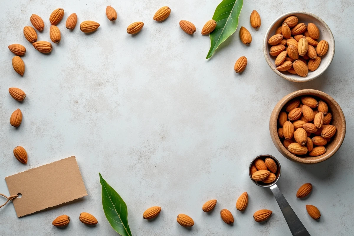 Vue de dessus d'une composition flat lay avec des amandes entières, une cuillère de mesure et une étiquette nutritionnelle sur béton gris, pour illustrer les valeurs caloriques des amandes.