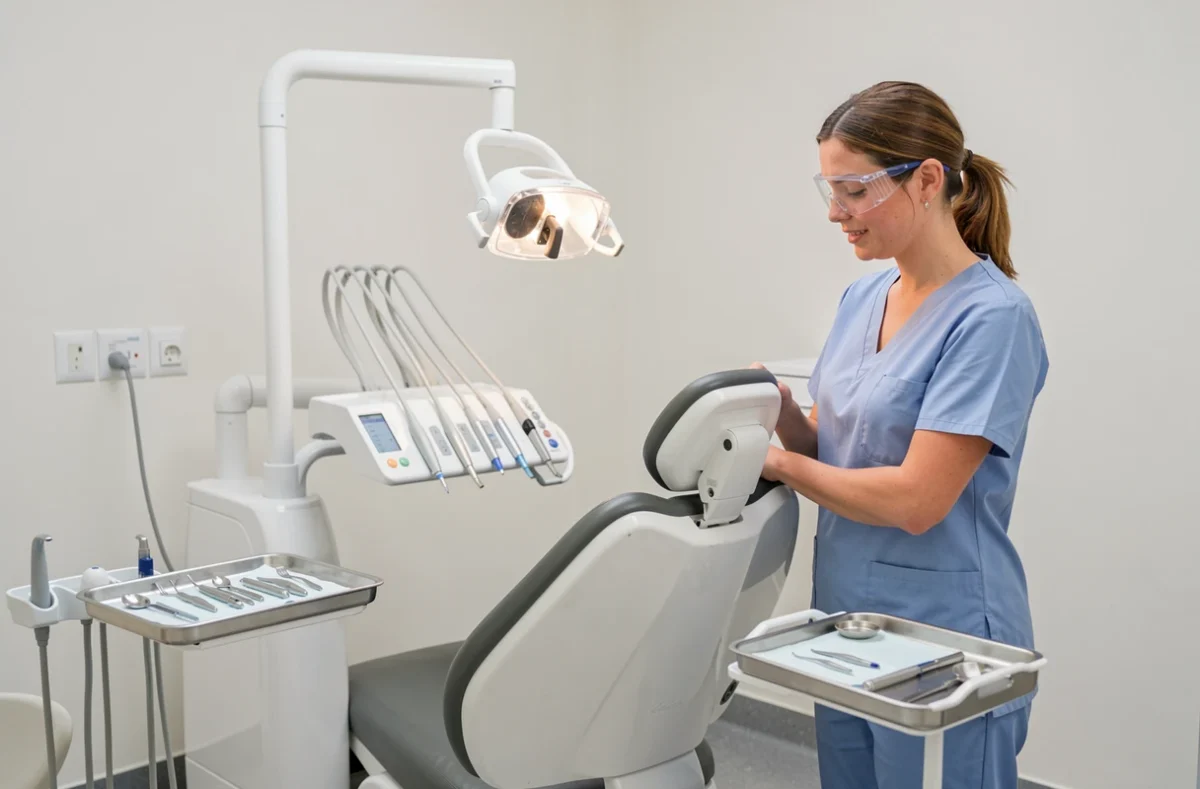 Salle de soins moderne du Centre Dentaire Dollfus avec une dentiste préparant l'équipement