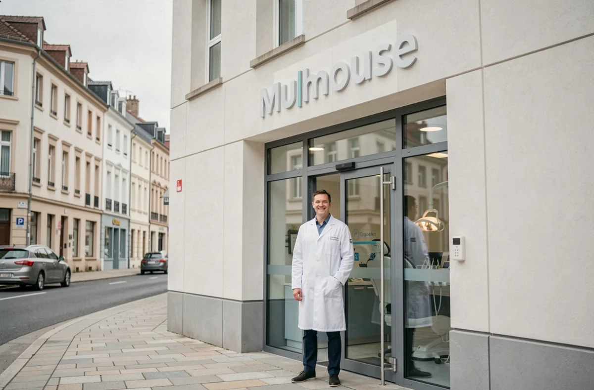Façade du Centre Dentaire Mulhouse Dentego avec un dentiste en blouse blanche à l'entrée