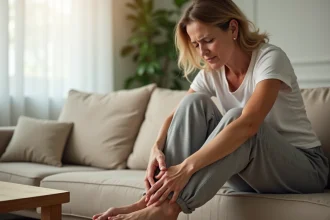 Femme d'âge mûr appuyant sur sa cheville enflée assise sur un canapé à domicile