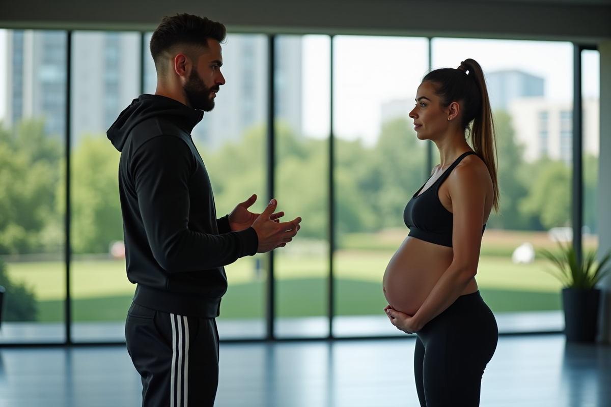 Coach sportif guidant une femme enceinte en salle de sport