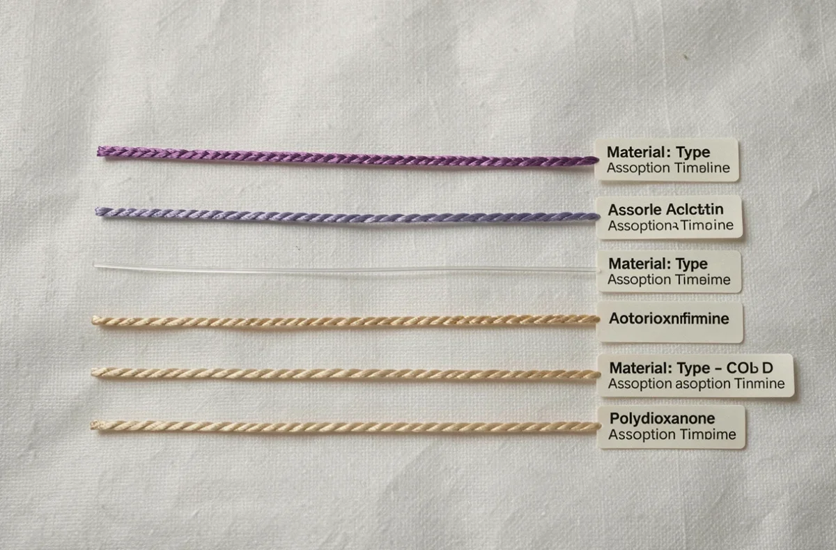 Vue aérienne de fils de suture résorbables de différents matériaux et calibres disposés sur un champ chirurgical blanc avec étiquettes de durée de résorption