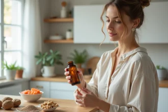 Femme lisant l'étiquette d'un complément alimentaire oméga 3 6 9 dans une cuisine naturelle avec noix et graines
