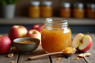 Compote de pommes maison dans un bocal en verre sur une table en bois rustique, entourée de pommes fraîches et d'une cuillère en bois