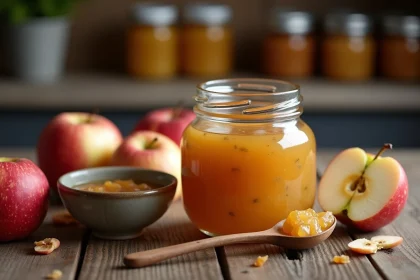 Compote de pommes maison dans un bocal en verre sur une table en bois rustique, entourée de pommes fraîches et d'une cuillère en bois
