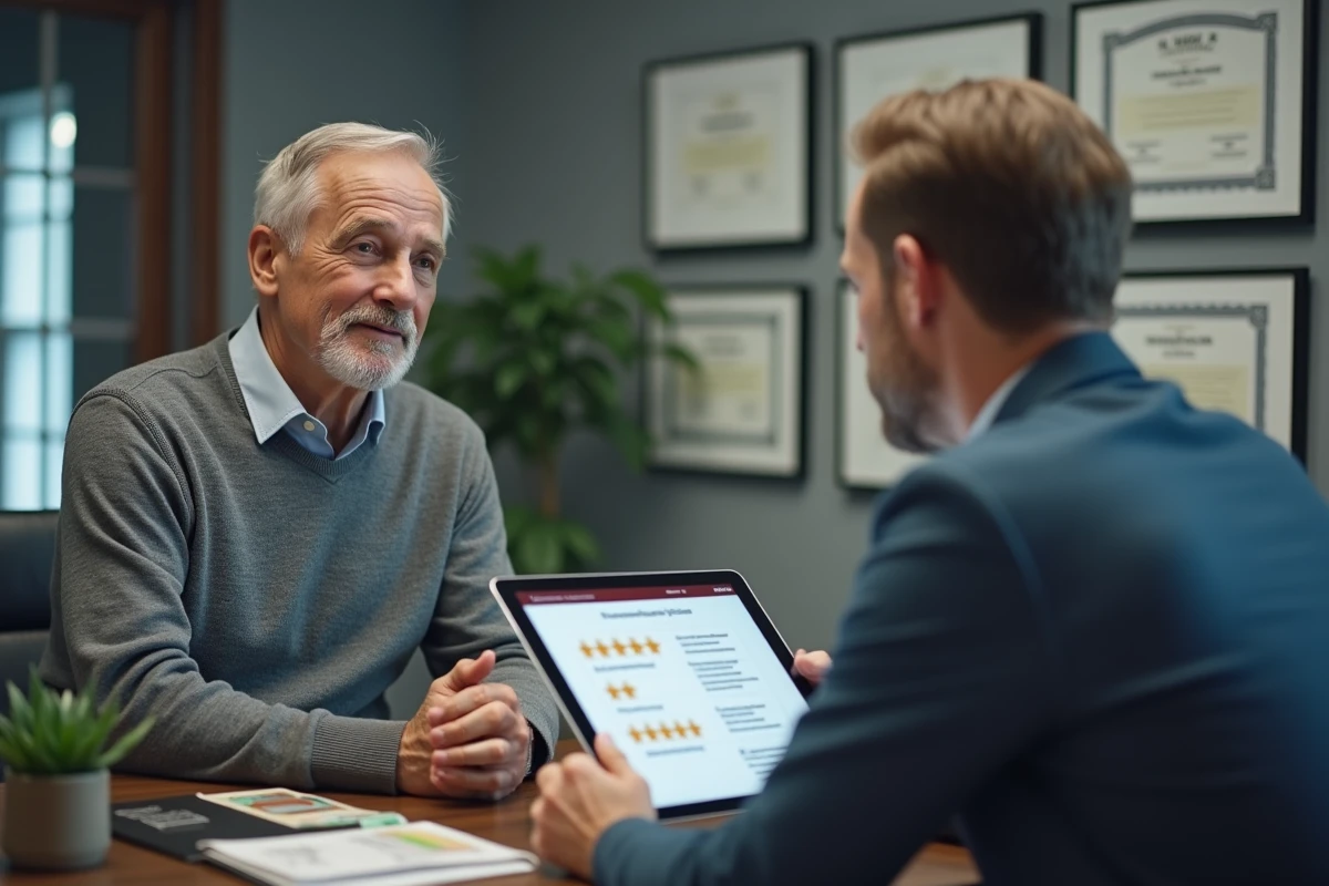 Client consultant un conseiller en mutuelle santé dans une agence d'assurance