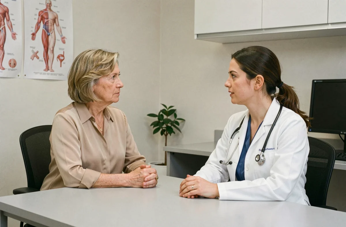 Patiente en consultation gynécologique discutant de traitements hormonaux et de prise de poids avec son médecin