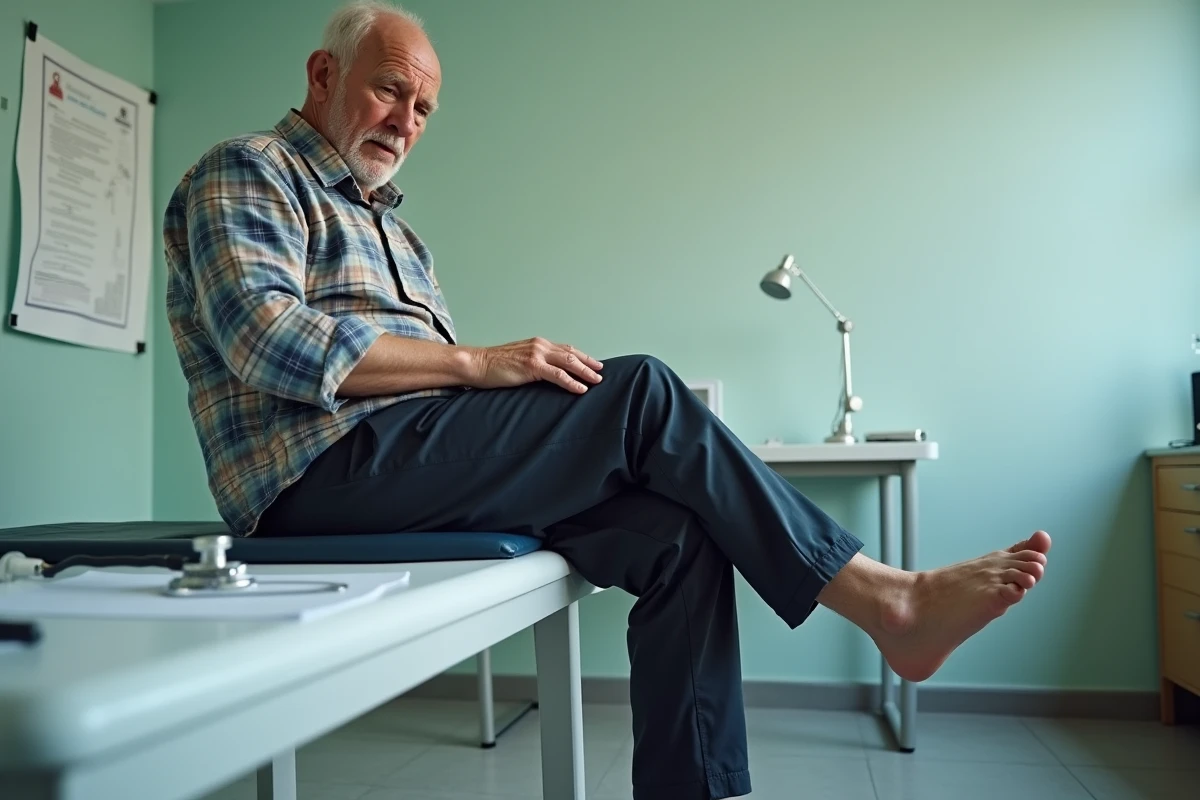 Homme âgé consultant un médecin pour des chevilles enflées récurrentes en cabinet médical