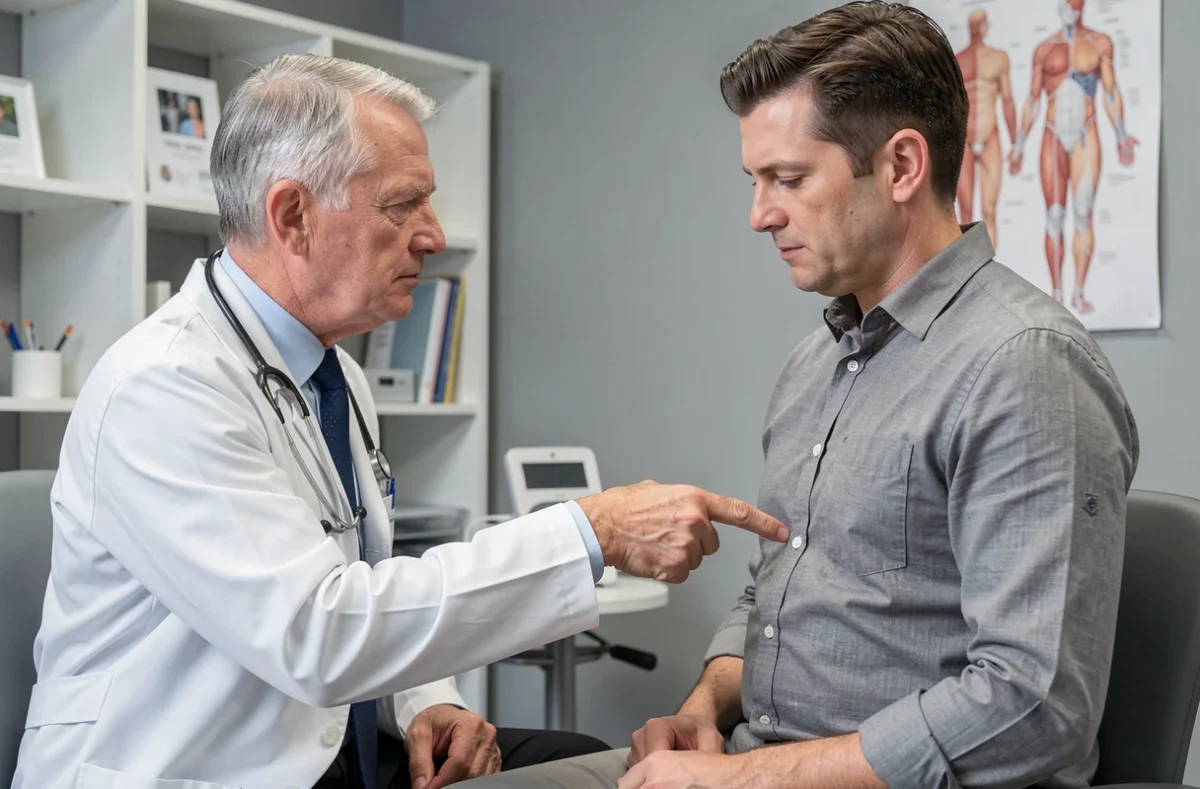 Médecin examinant un patient se plaignant de douleur sous les côtes droites en cabinet médical