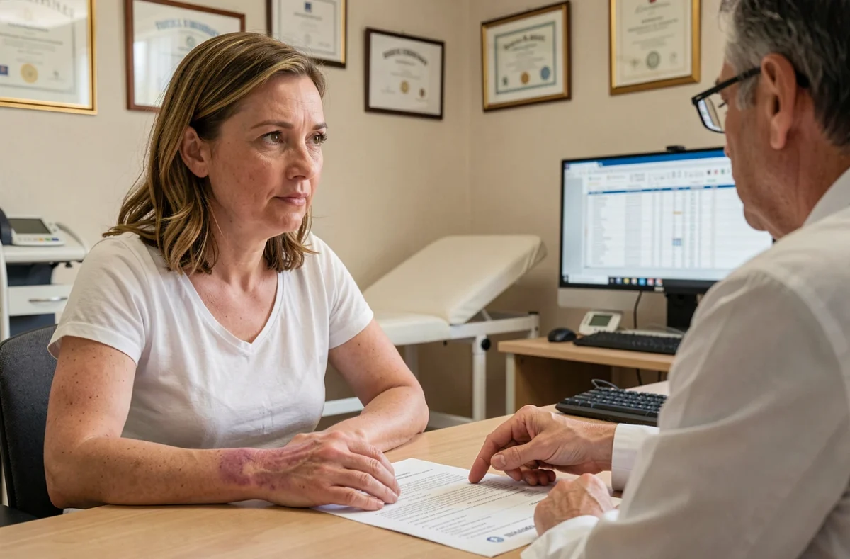 Patiente montrant sa main affectée par l'algodystrophie lors d'une consultation médicale pour évaluation du taux d'IPP