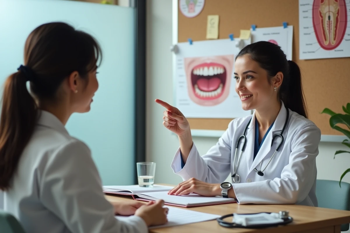Médecin expliquant à un patient les signes visuels du cancer de la langue à l'aide d'un schéma anatomique de la cavité buccale lors d'une consultation médicale