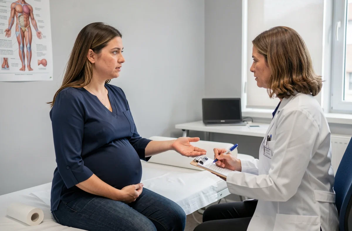 Femme enceinte en consultation médicale montrant son bras à une médecin pour des fourmillements nocturnes pendant la grossesse
