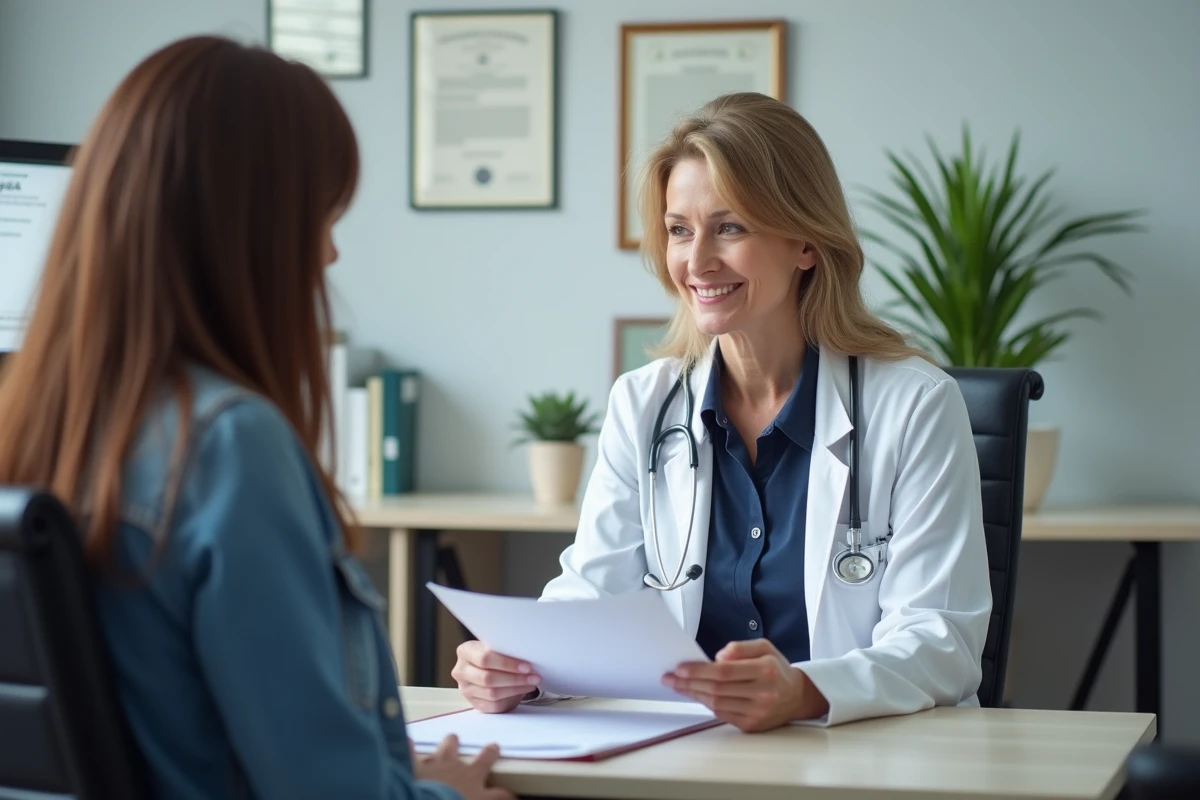Médecin généraliste en consultation avec une femme enceinte, discutant des risques de la scarlatine et des mesures à prendre en cas de contact