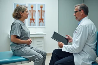Consultation neurochirurgicale pour sciatique : patiente et neurochirurgien discutant du traitement avant opération à Tours
