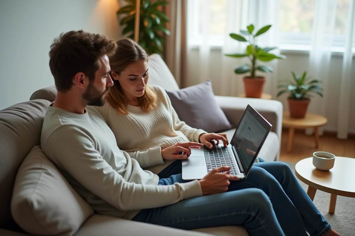 Couple comparant des avis sur une mutuelle assurance en ligne à domicile