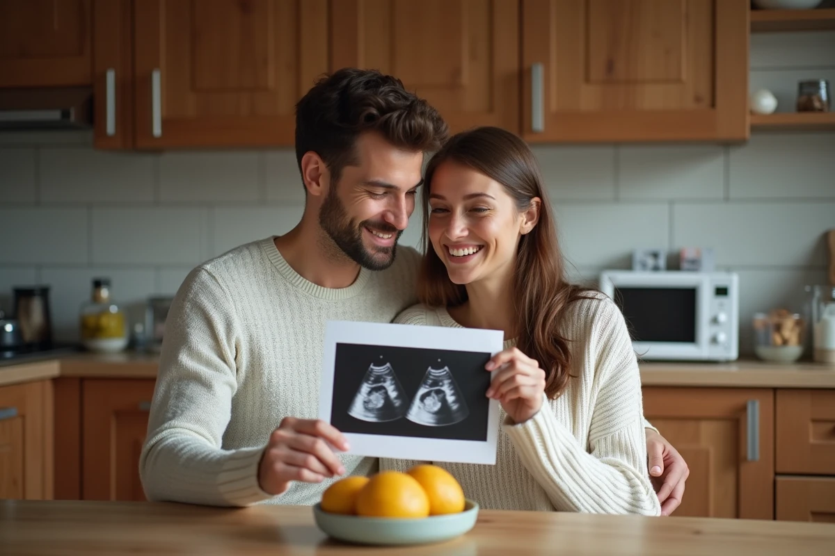 Jeune couple regardant une échographie de jumeaux dans une cuisine chaleureuse