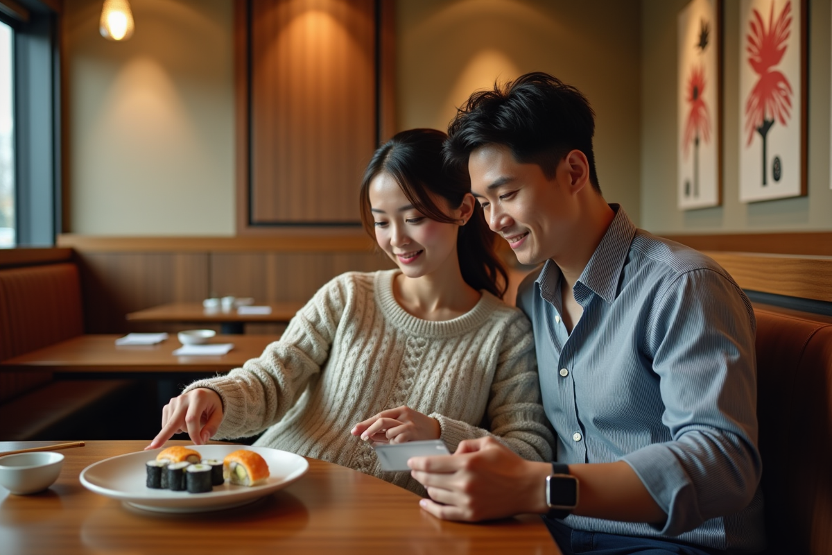 Couple jeune enceinte partageant un repas de sushi au restaurant