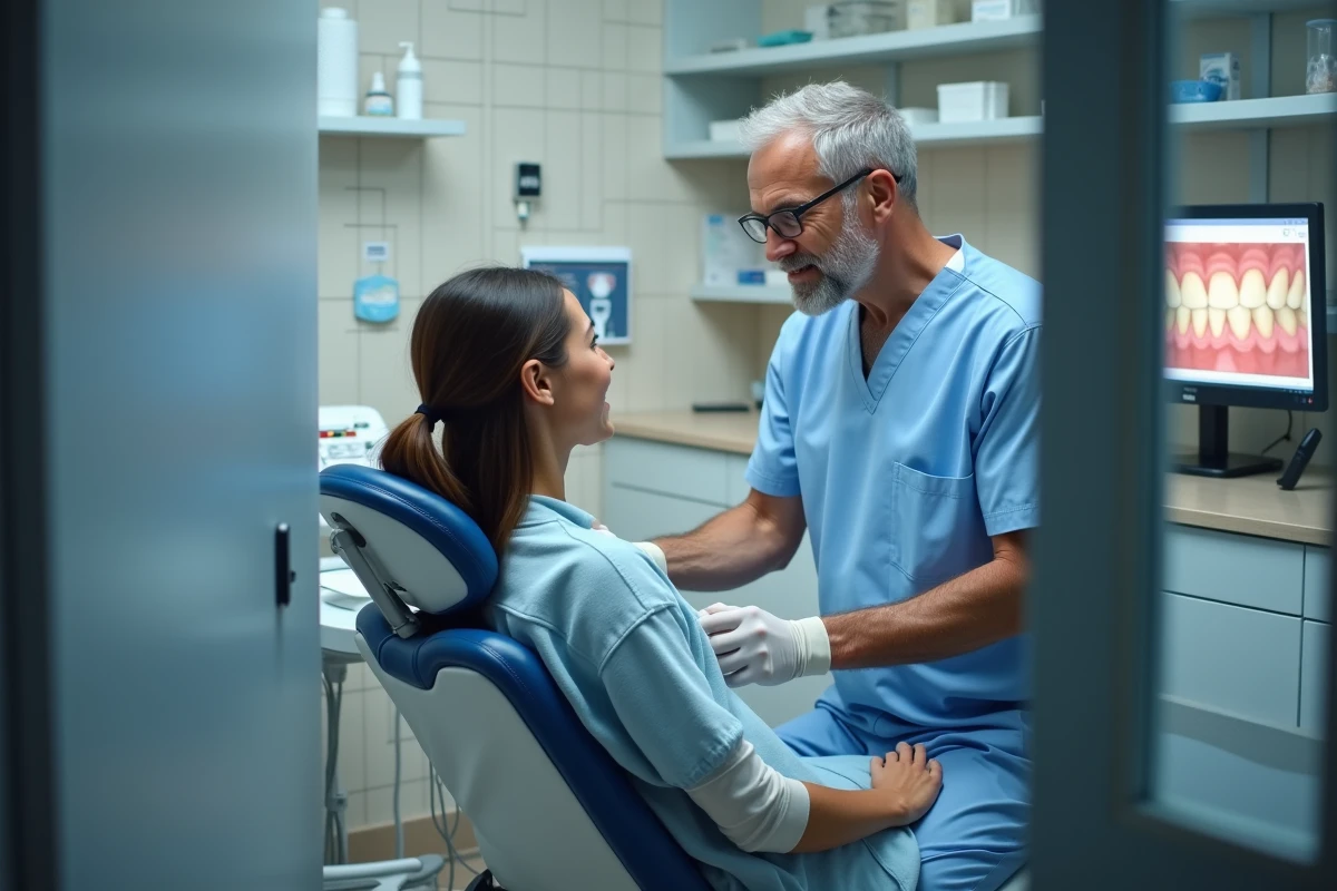 Dentiste en scrubs discutant avec un patient dans le cabinet dentaire