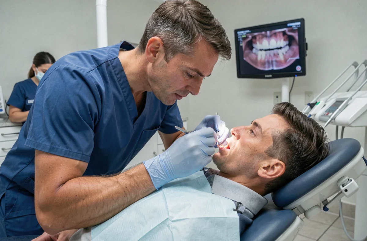 Dentiste examinant le palais d'un patient pour identifier la cause d'une brûlure buccale ou d'un mauvais goût