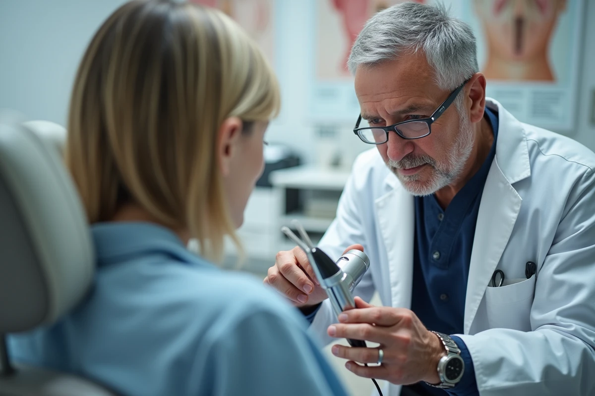 Dermatologue utilisant un dermatoscope pour examiner une lésion de verrue séborrhéique sur le dos d'un patient