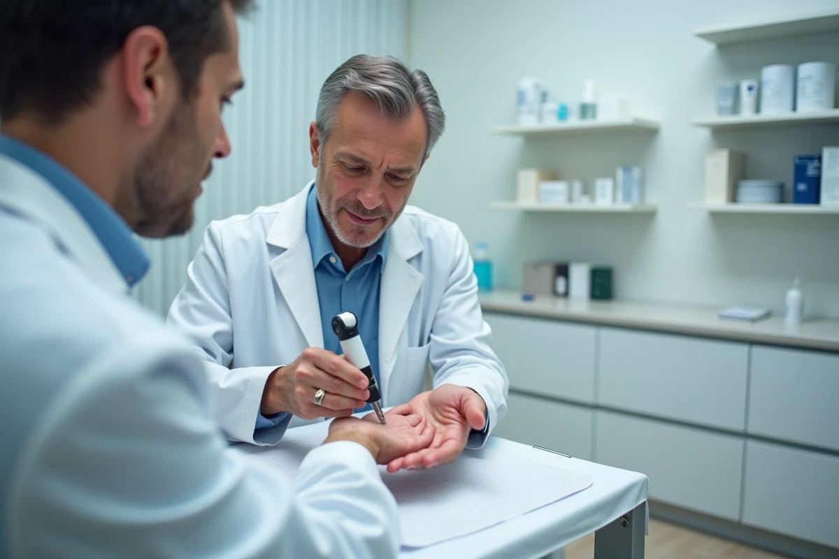 Dermatologue examinant la paume d'une main gauche avec un dermatoscope lors d'une consultation médicale