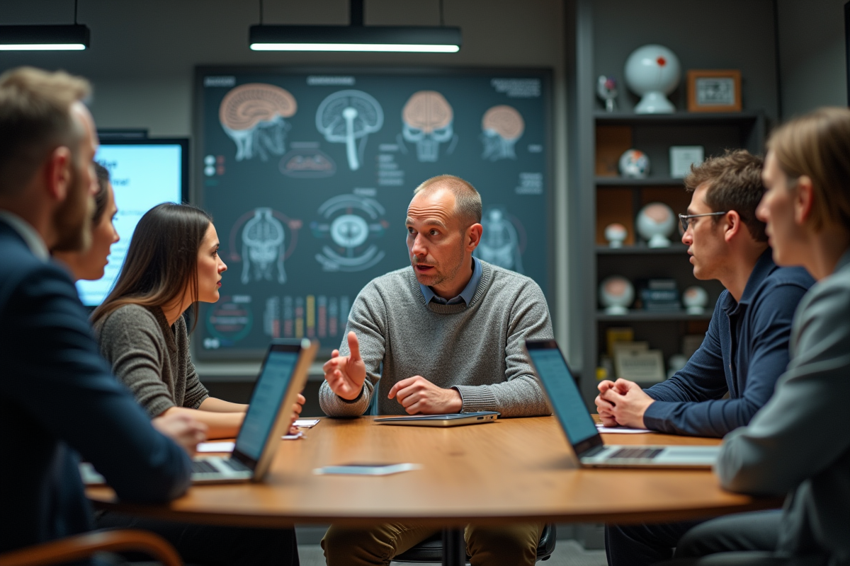 Groupe de chercheurs discutant dans un laboratoire de neuroscience