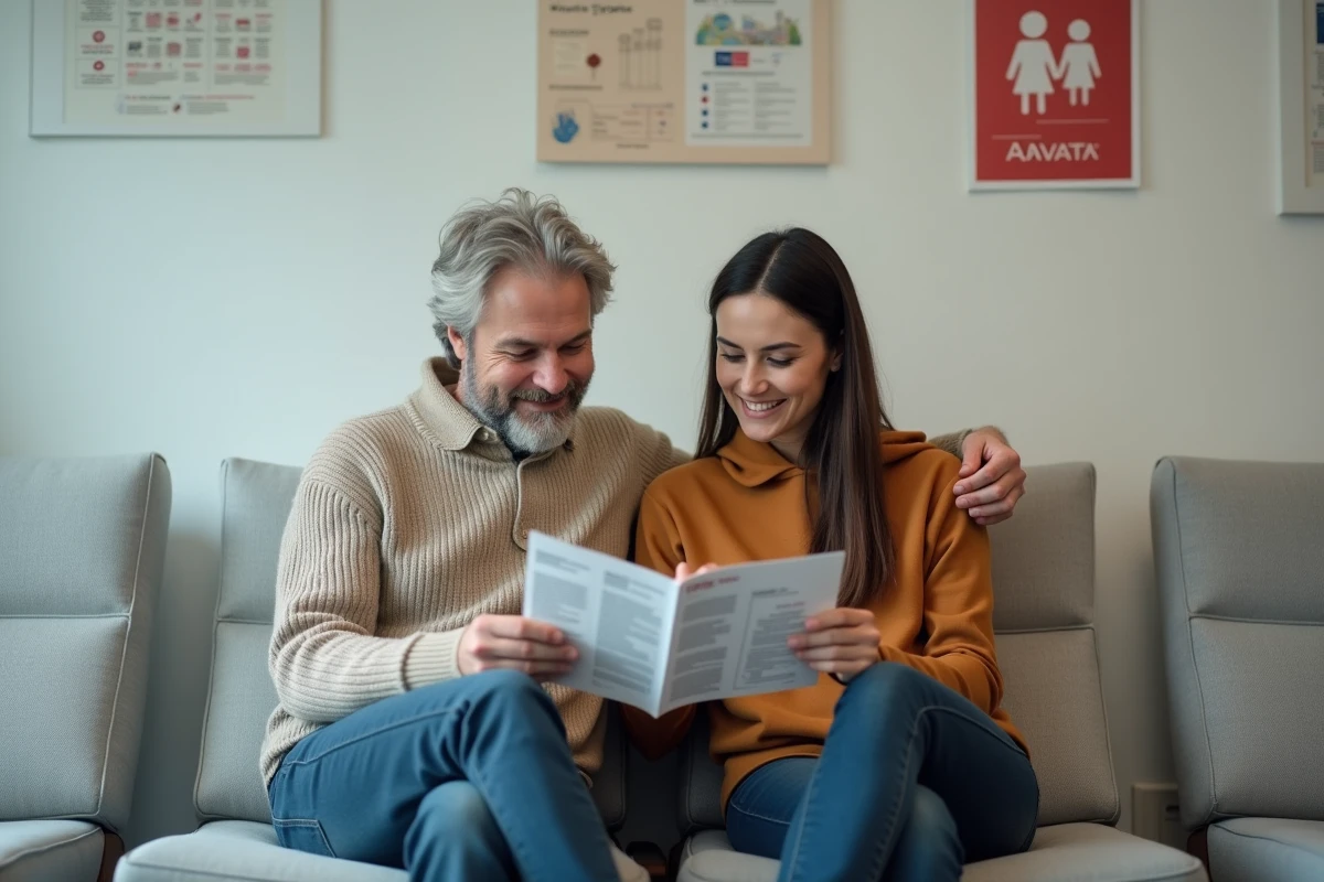 Deux adultes dans un centre de don du sang consultant une brochure sur les groupes sanguins et les maladies auto-immunes