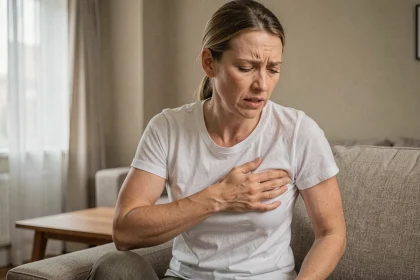Femme adulte assise tenant son côté droit sous les côtes avec une expression de douleur abdominale