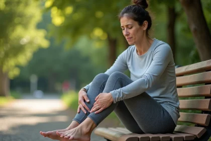 Femme tenant le côté extérieur de son pied gauche avec une expression de douleur, assise sur un banc dans un parc