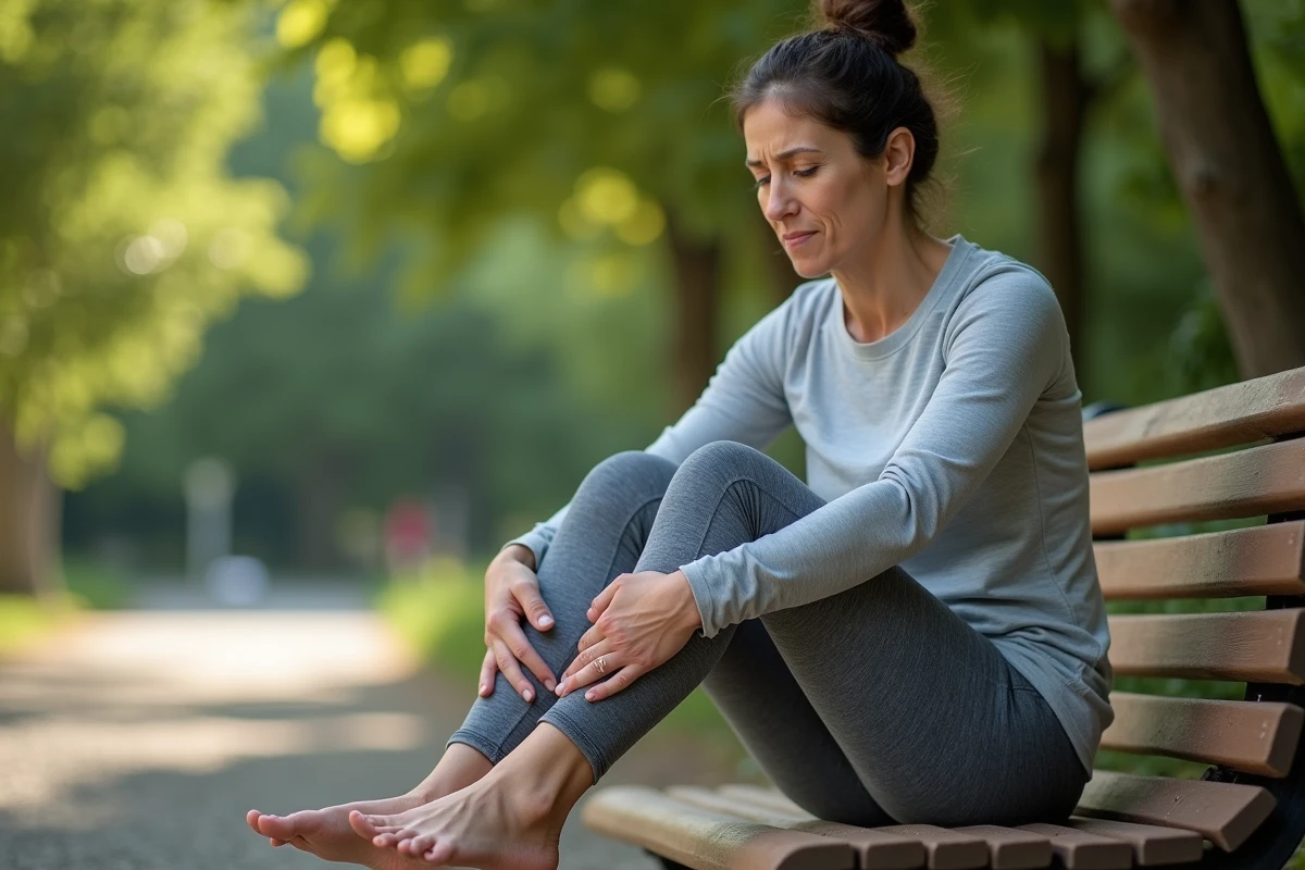 Femme tenant le côté extérieur de son pied gauche avec une expression de douleur, assise sur un banc dans un parc