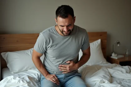 Homme adulte assis sur un lit tenant son côté gauche sous les côtes avec une expression de douleur, illustrant une douleur de côte flottante après toux