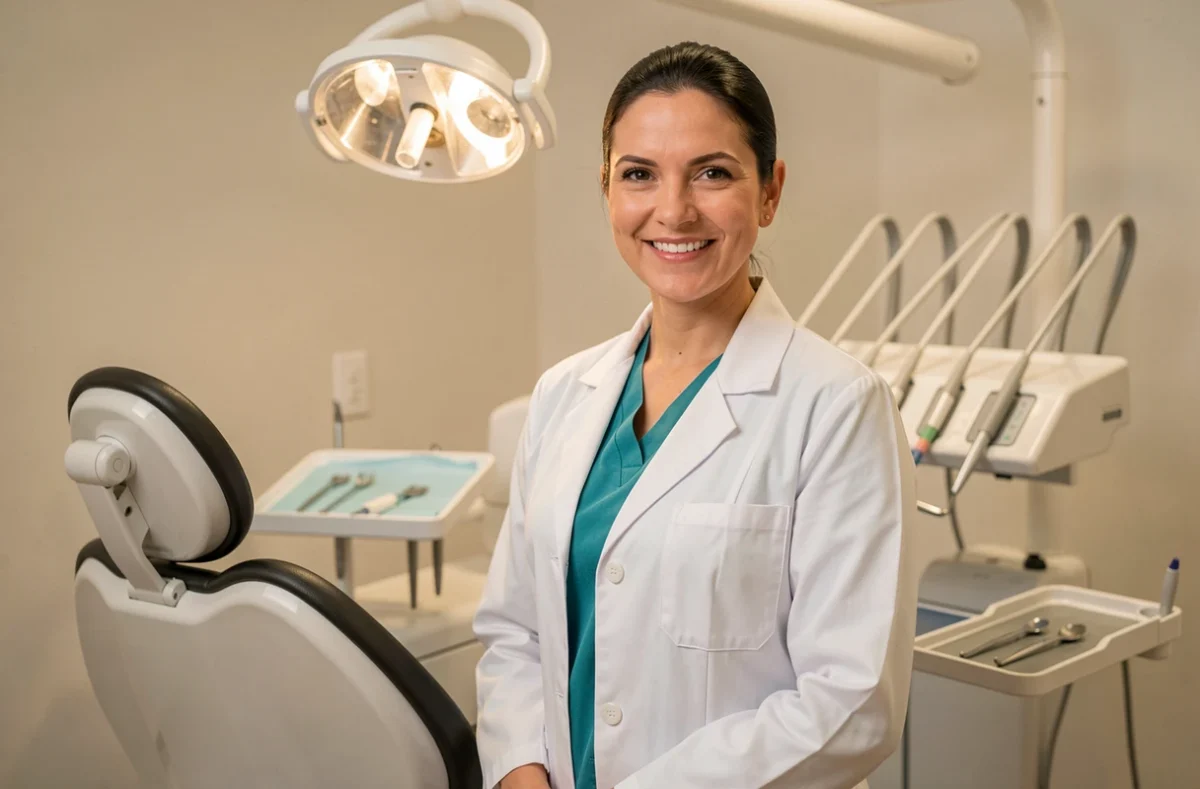 Dr Shoulamite Elleb, dentiste, souriante en blouse blanche dans son cabinet dentaire moderne