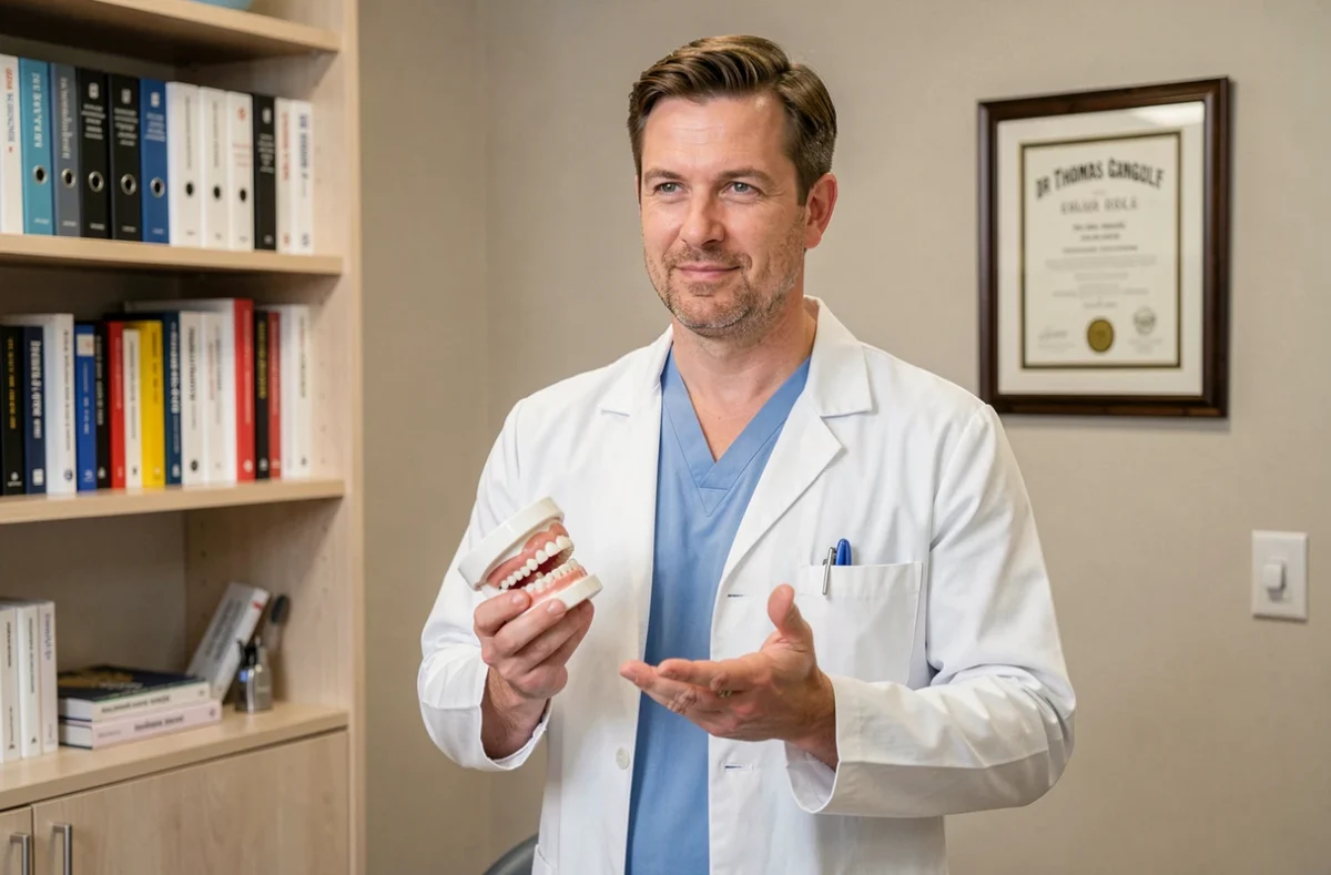 Dr Thomas Gangloff, dentiste, en blouse blanche tenant un modèle dentaire dans son cabinet