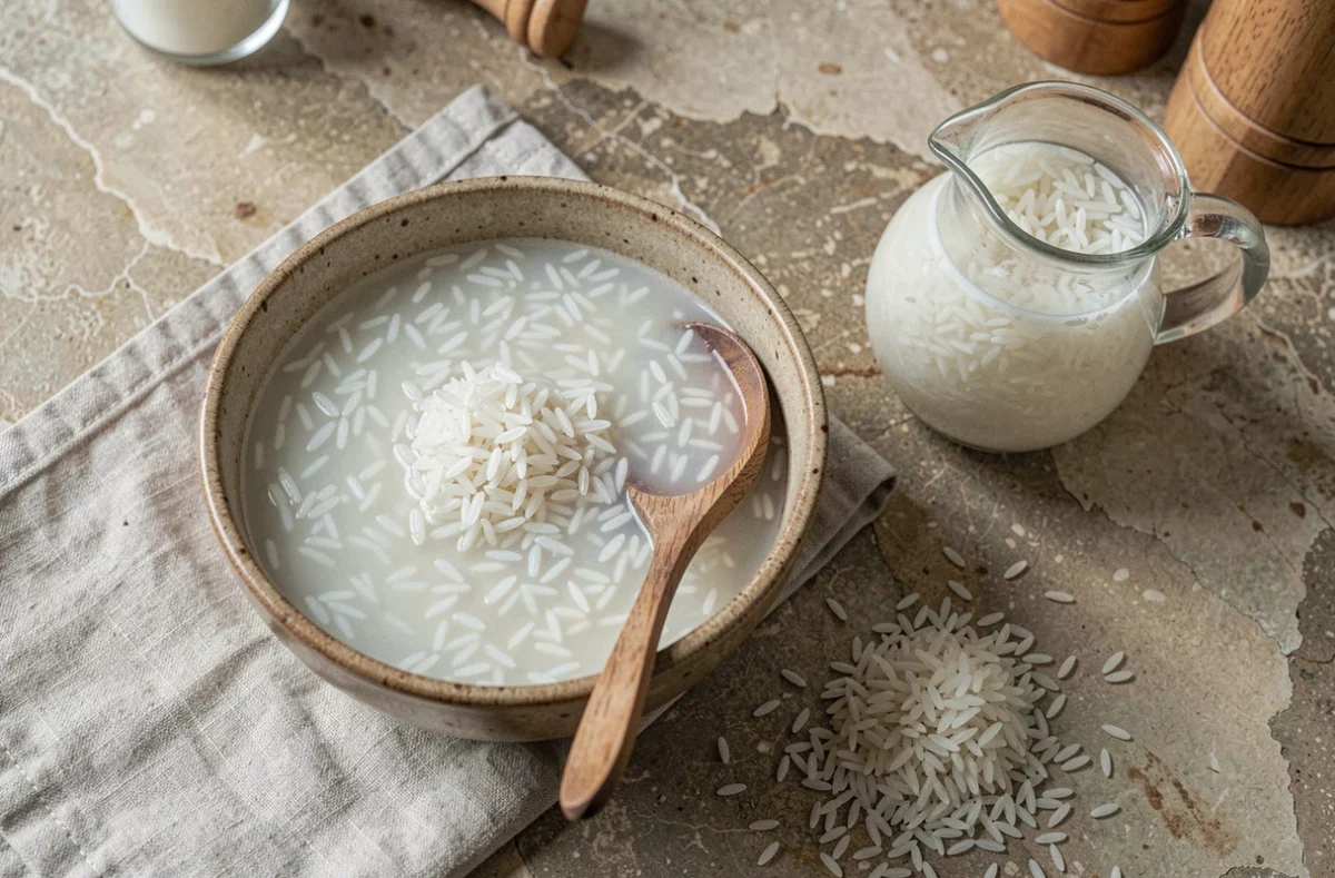 Vue de dessus d'un bol d'eau de riz blanche et d'un pichet d'eau de riz froide sur comptoir en pierre