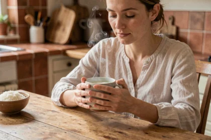 Femme tenant une tasse d'eau de riz chaude dans une cuisine en bois, vue en portrait 3/4