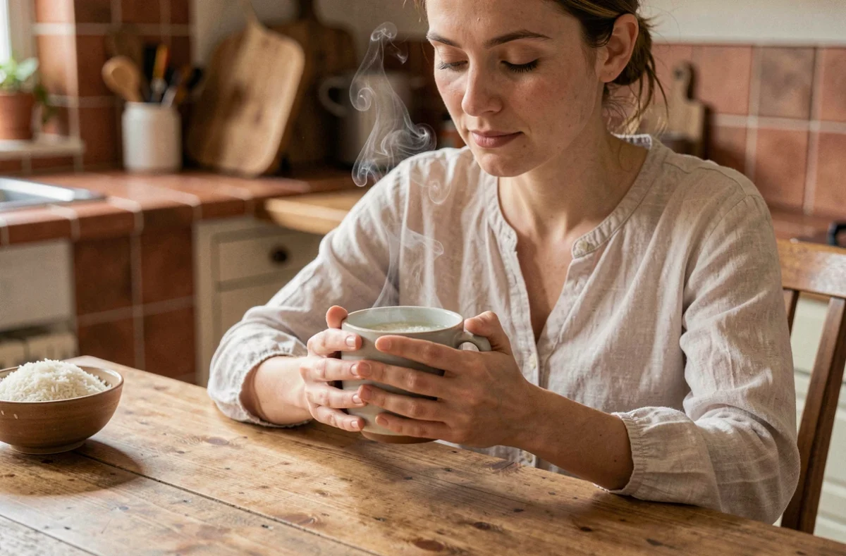 Femme tenant une tasse d'eau de riz chaude dans une cuisine en bois, vue en portrait 3/4
