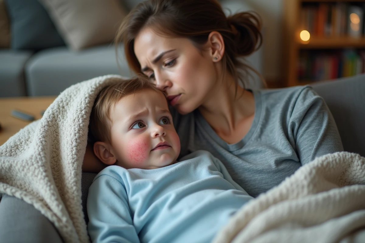 Enfant présentant une éruption cutanée caractéristique de la scarlatine sur un canapé, avec une femme enceinte inquiète à ses côtés dans un cadre domestique