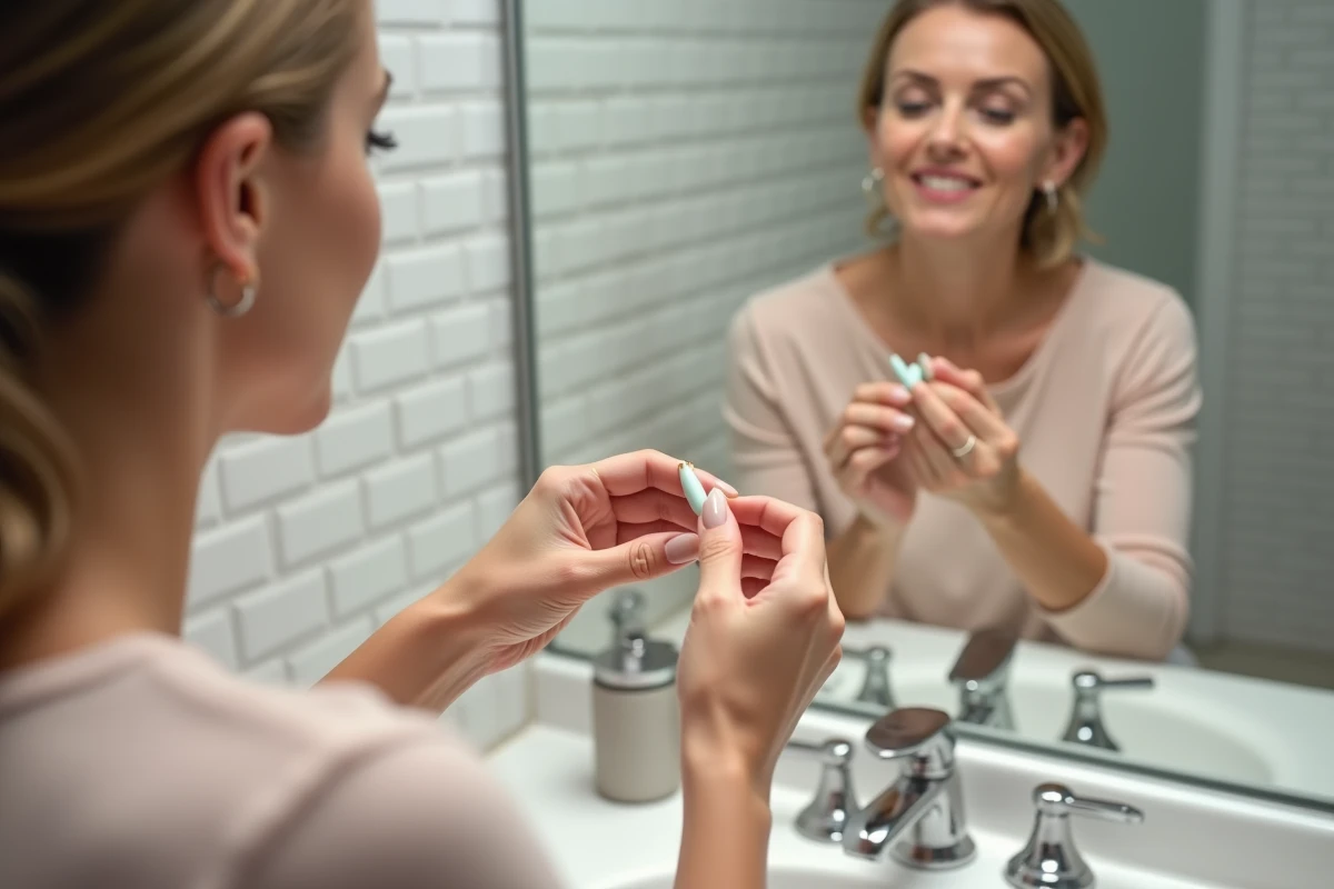 Femme entretenant ses ongles longs avec une lime en verre devant le miroir de salle de bain pour éviter les blessures